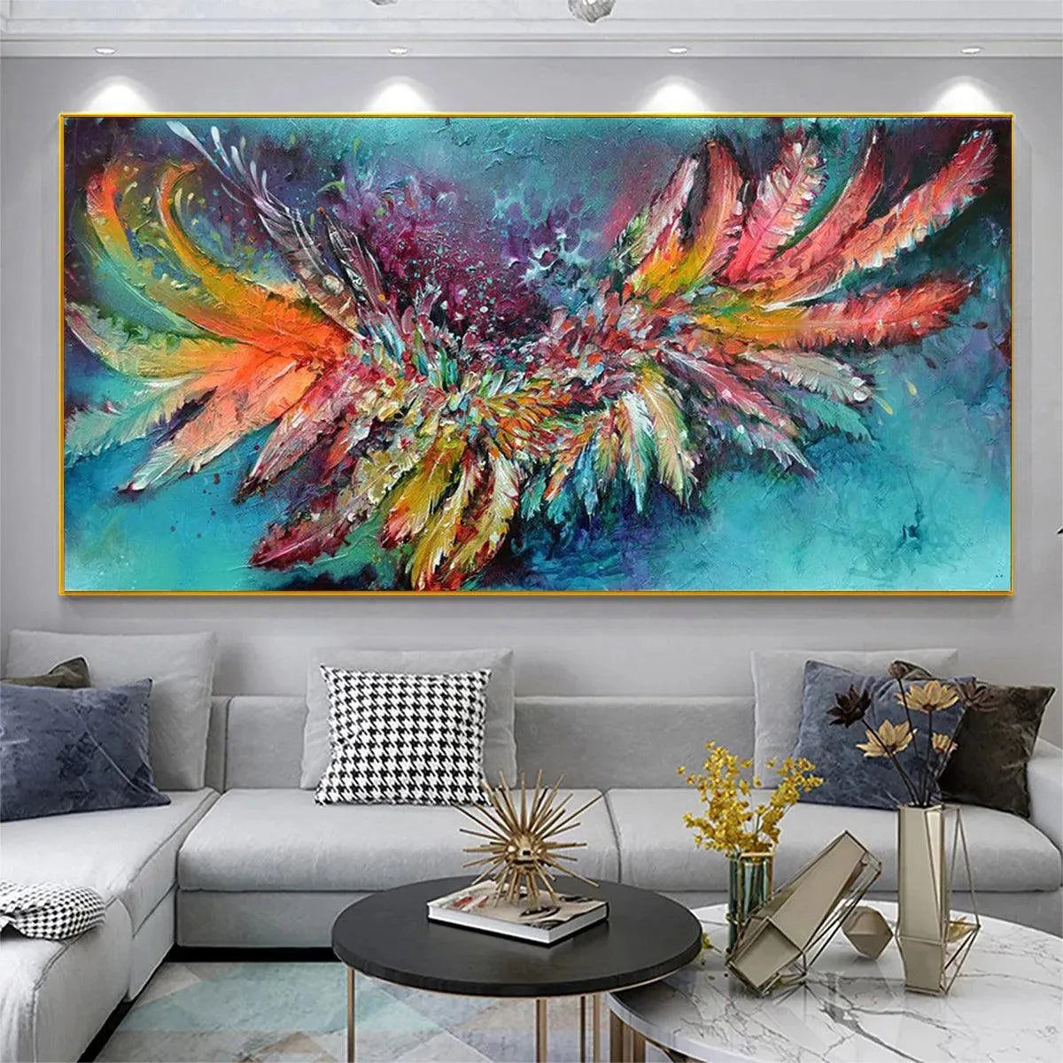 PLUMAGE FIRE: Vibrant Abstract Feather Oil Painting - Image 2
