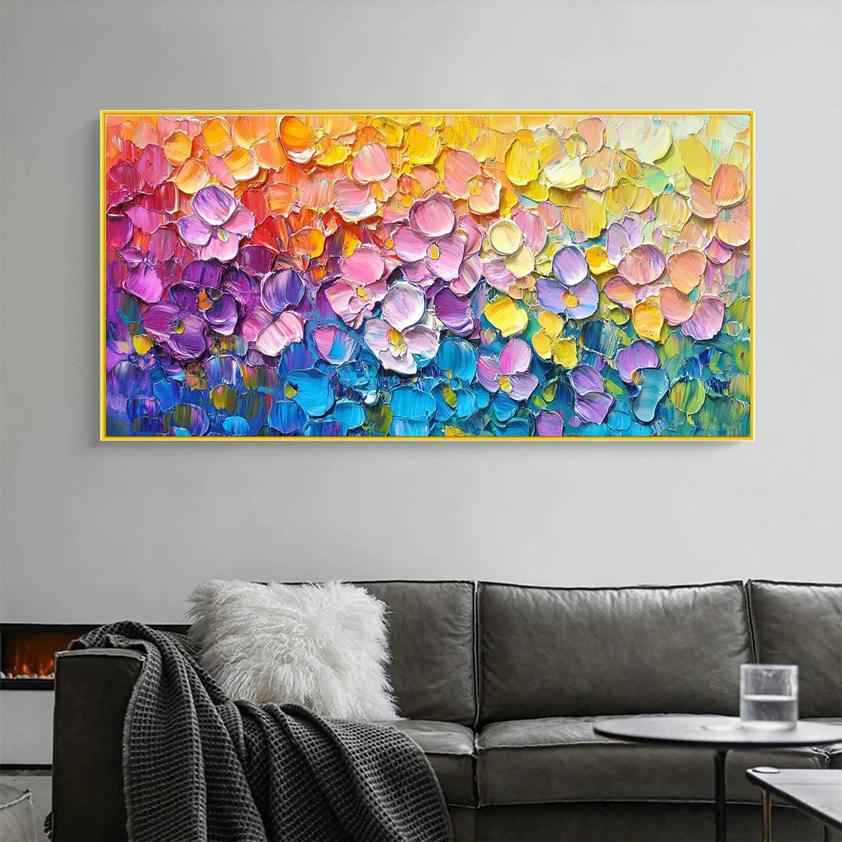 RAINBOW FALLS: Panoramic Impasto Floral Oil Painting in Vibrant Rainbow Hues - Image 2