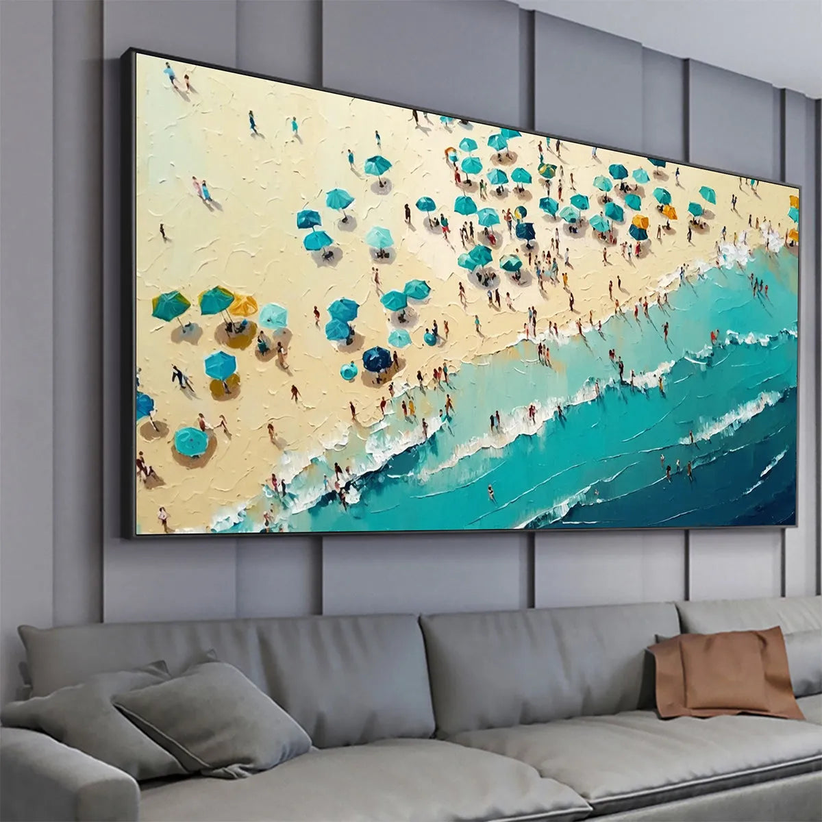 SUMMER AFTERNOON: Beach Scene Oil Painting with Beach Umbrellas - Image 4
