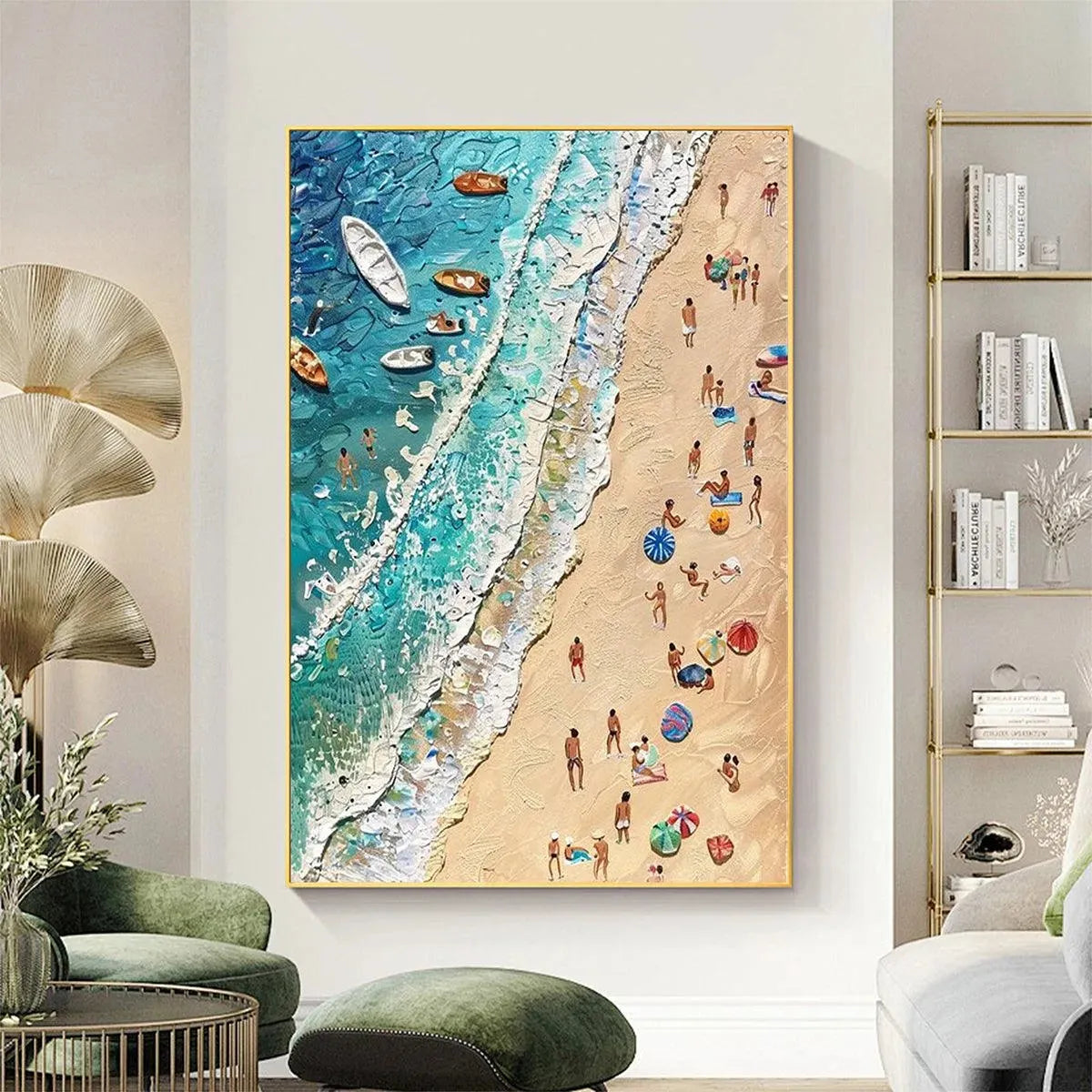 SUN-KISSED SHORES: Textured Beach Scene Painting with Figures - Image 2