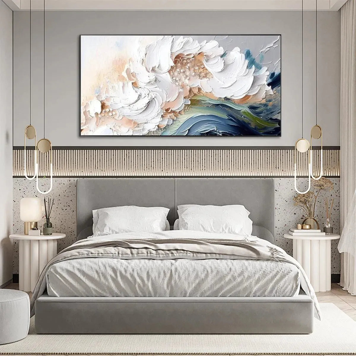 OCEAN WHISPERS: Textured Abstract Seascape Painting, White and Blue Wall Art, Panoramic Canvas, Coastal Decor - Image 6