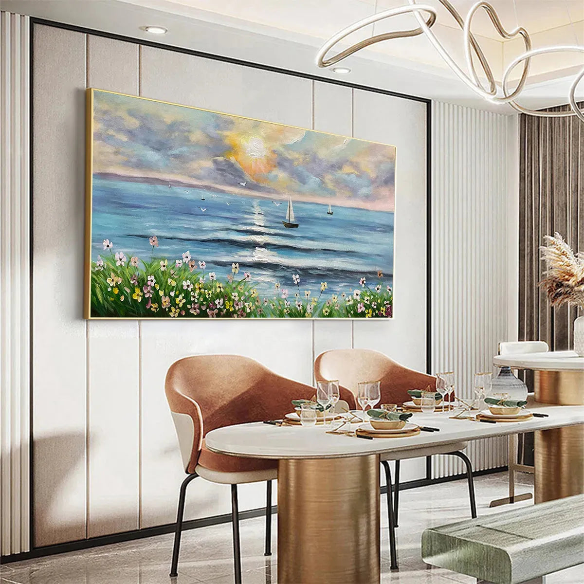 SUNSET SAIL: Coastal Sunset Painting, Sailboat and Wildflowers, Horizontal Canvas, Ocean Decor - Image 7