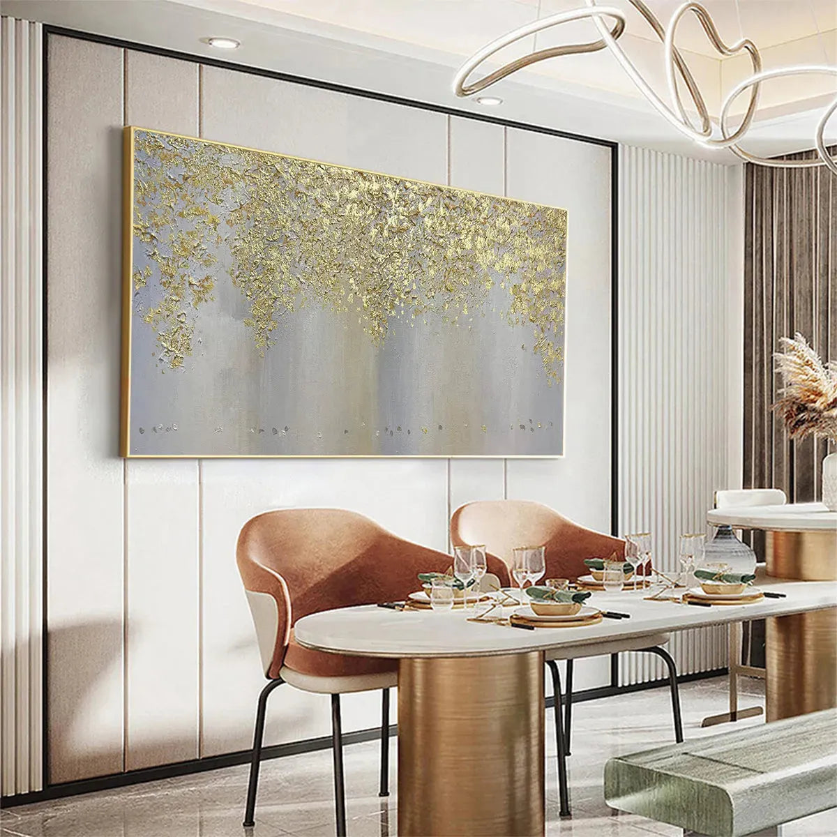 GOLDEN DRIZZLE: Gold Leaf Abstract Painting, Grey and Gold Wall Art, Horizontal Canvas, Modern Decor - Image 6