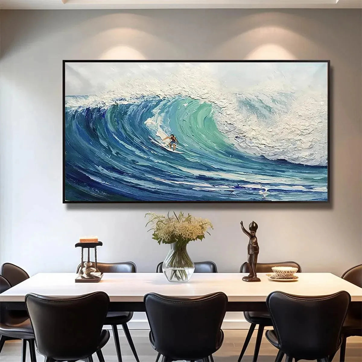 EMERALD SURGE: Textured Blue Ocean Wave Painting with Surfer - Image 4