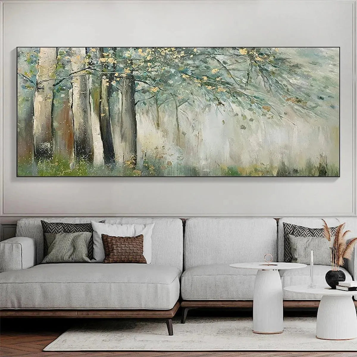 WHISPERING WOODS: Serene Green and Gold Forest Landscape Painting - Image 2