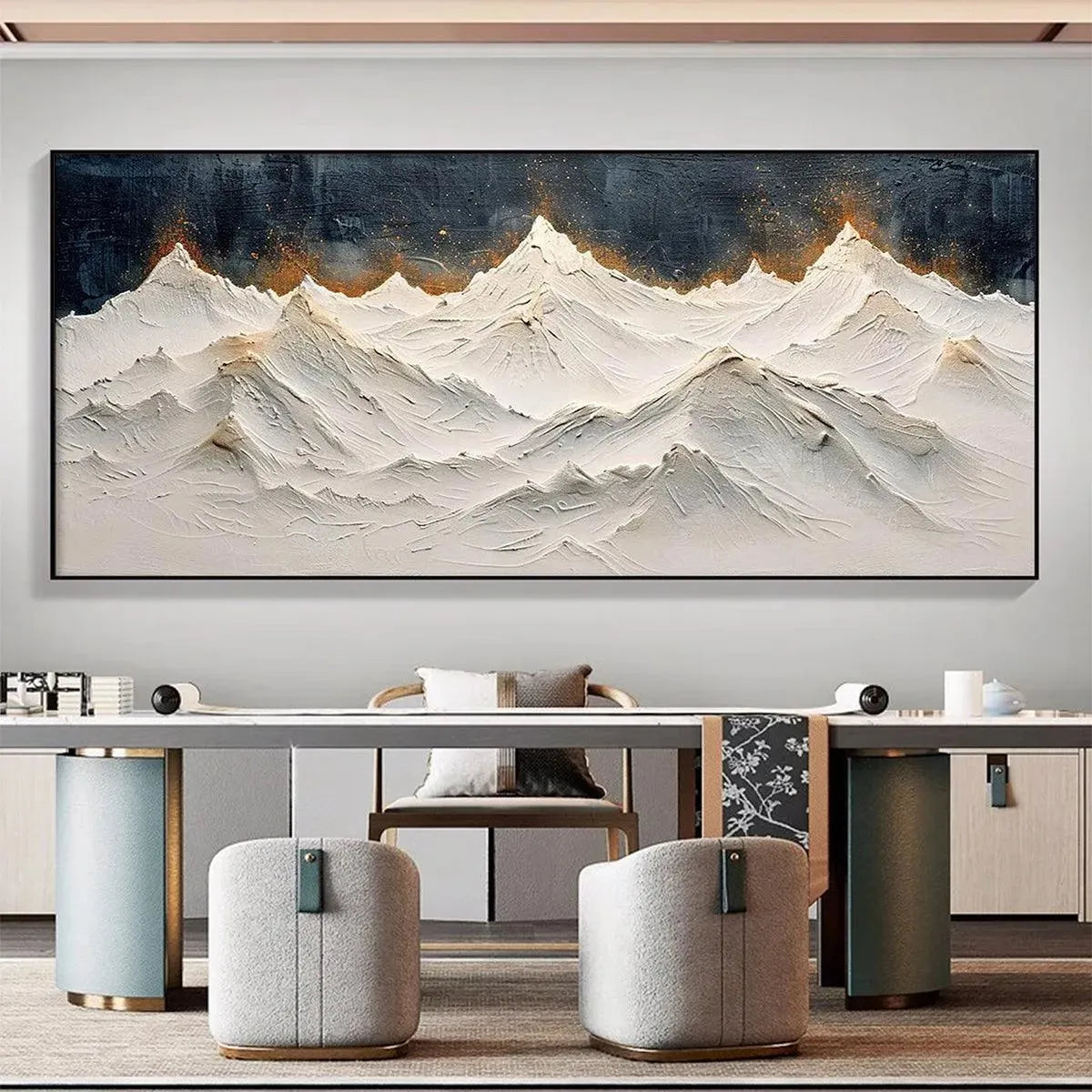 SNOWY PEAKS: Textured White and Gold Mountain Painting for Living Room - Image 4