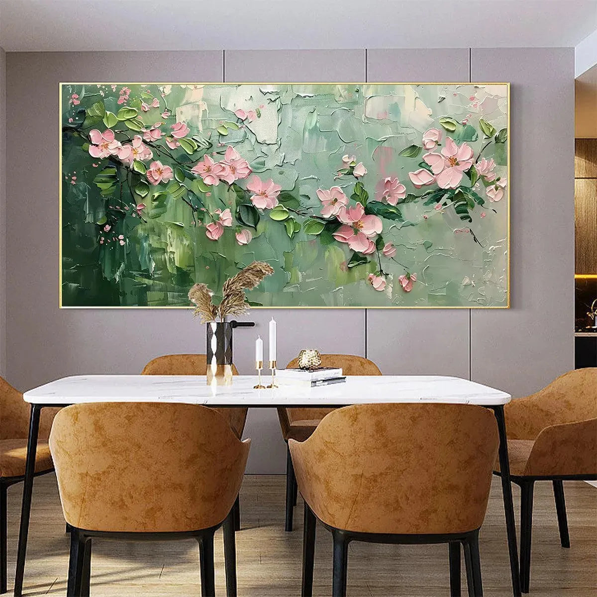 SPRING BLOSSOM: Textured Pink Floral Painting on Green Background - Image 6