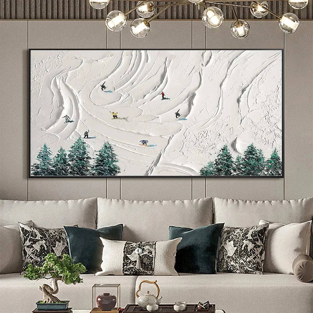 SNOWY PEAKS: Textured Minimalist Winter Landscape Painting with Skiers - Image 6