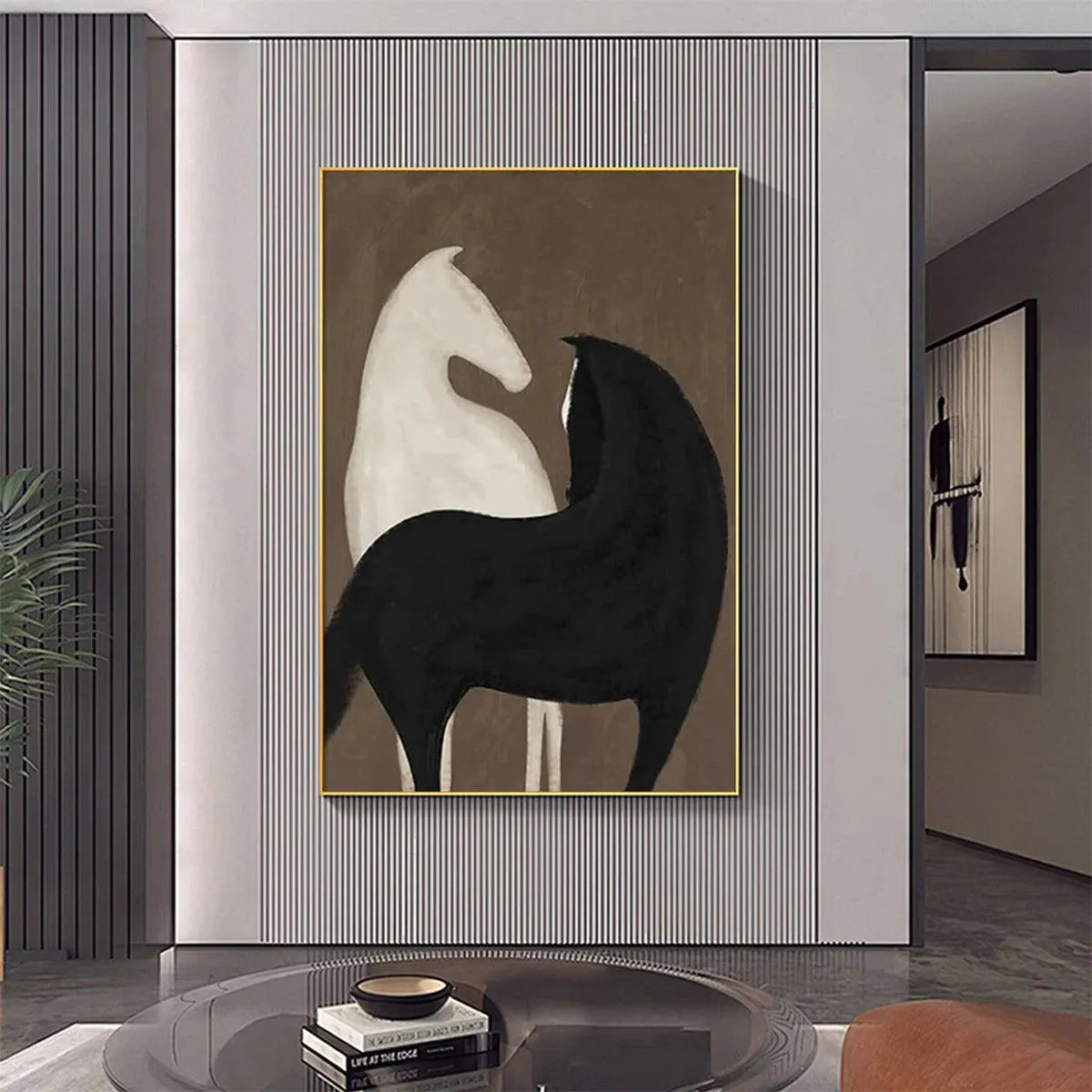 TWO HORSES ON BROWN: Minimalist Horse Painting, Vertical Wall Art - Image 6