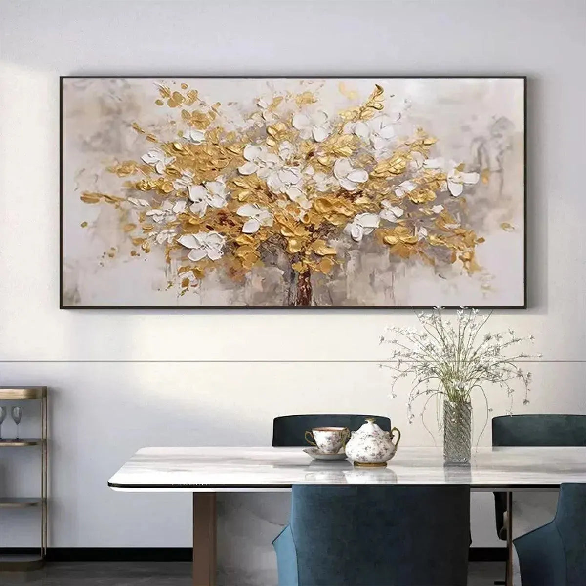 GOLDEN GARDEN: Textured White and Gold Floral Impasto Painting - Image 5