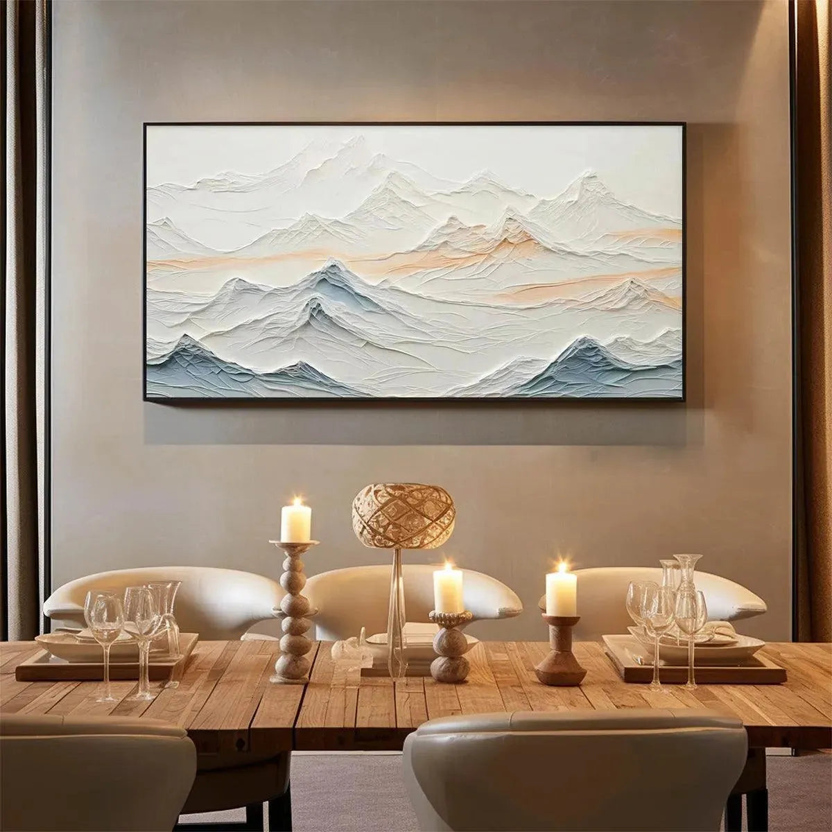 TRANQUIL PEAKS: Textured Abstract Mountain Landscape Painting in Beige and Blue - Image 4