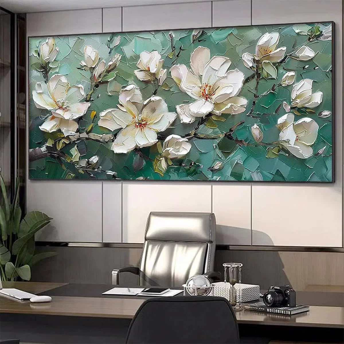 JADE MAGNOLIAS: White Magnolia Impasto Painting for Living Room - Image 5