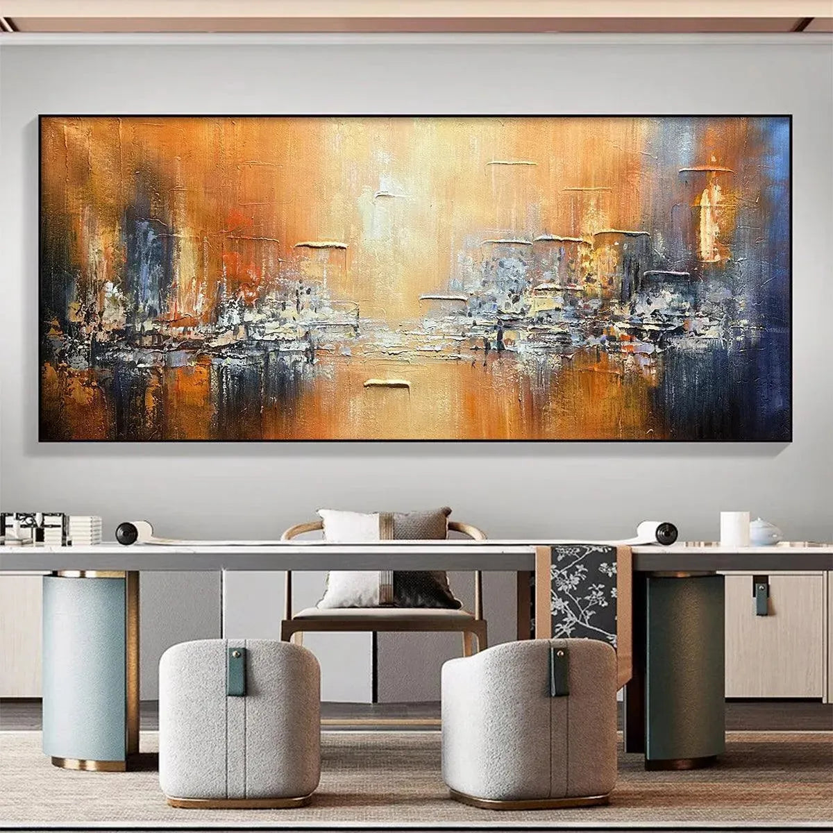 GOLDEN CITY: Textured Abstract Cityscape Painting in Orange and Blue - Image 2