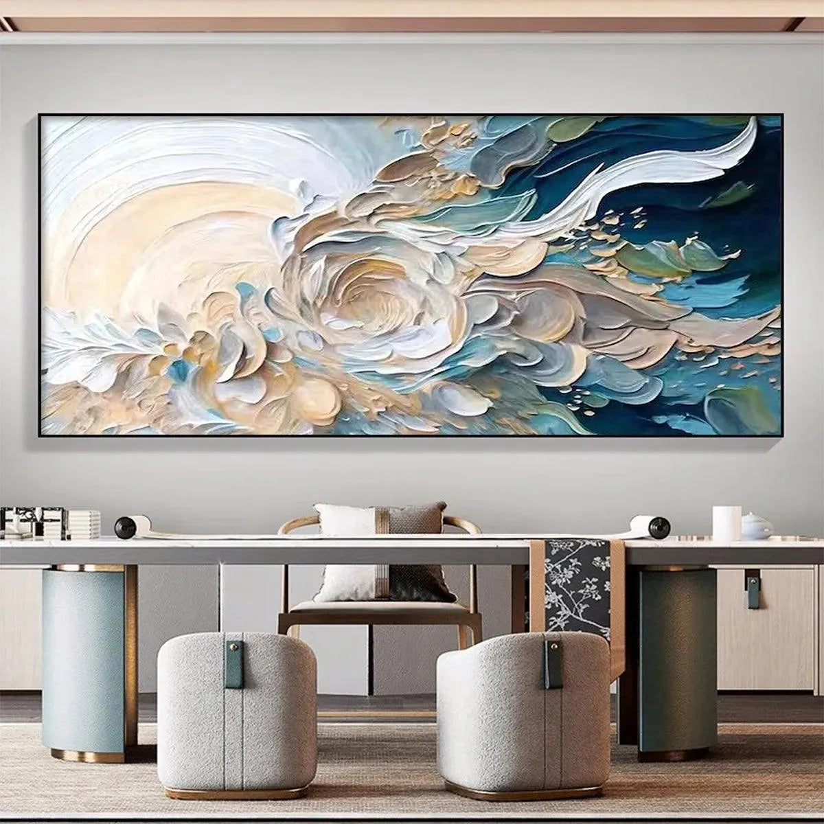 OCEANIC BLOOM: Textured Abstract Floral Painting in Blue and Beige - Image 2