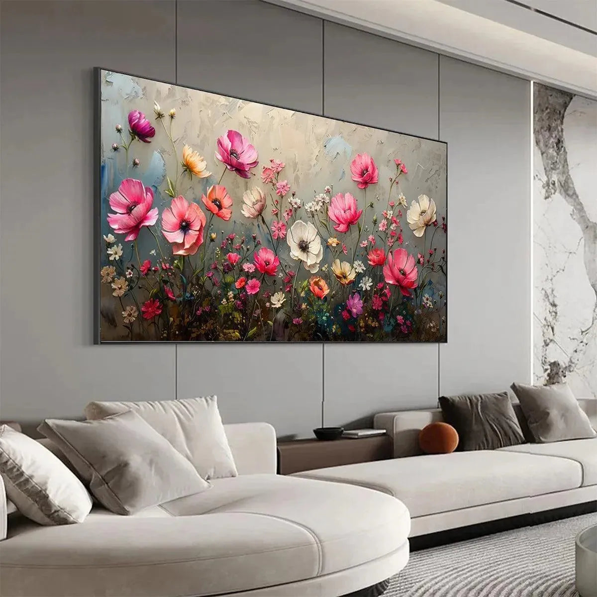 SUMMER BLOOM: Textured Pink and White Floral Painting on Grey Background - Image 4
