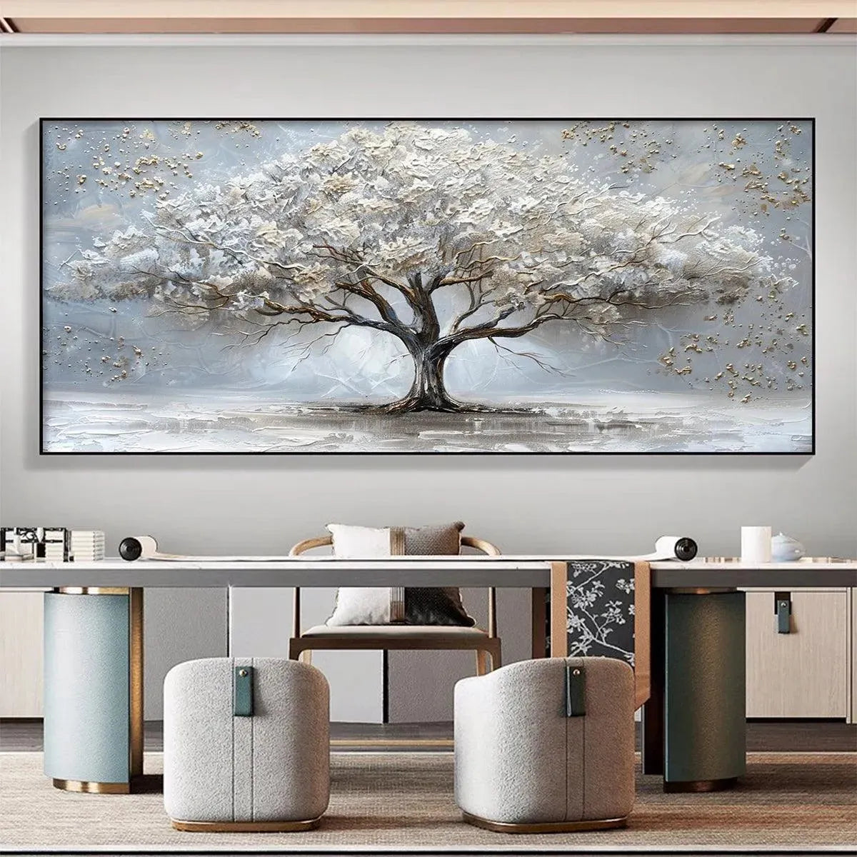 SILVER LINING: Textured White and Gold Tree Painting on Grey Background - Image 2