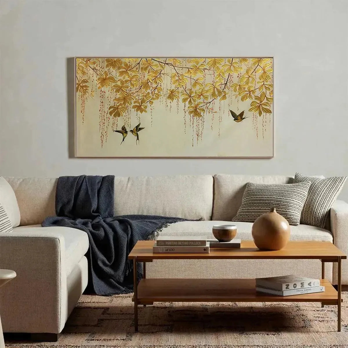 GOLDEN GARDEN: Panoramic Golden Leaf and Bird Painting | Asian Art - Image 4