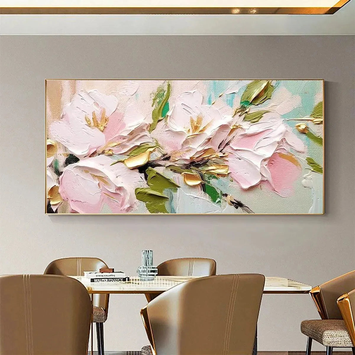 GOLDEN BLUSH: Textured Pink and Gold Floral Impasto Painting - Image 4