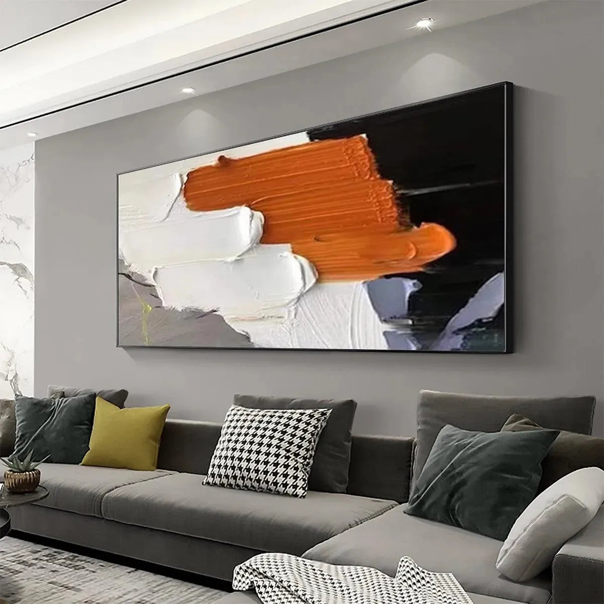 ORANGE BURST: Textured Abstract Painting in Orange, White, and Black for Living Room - Image 4