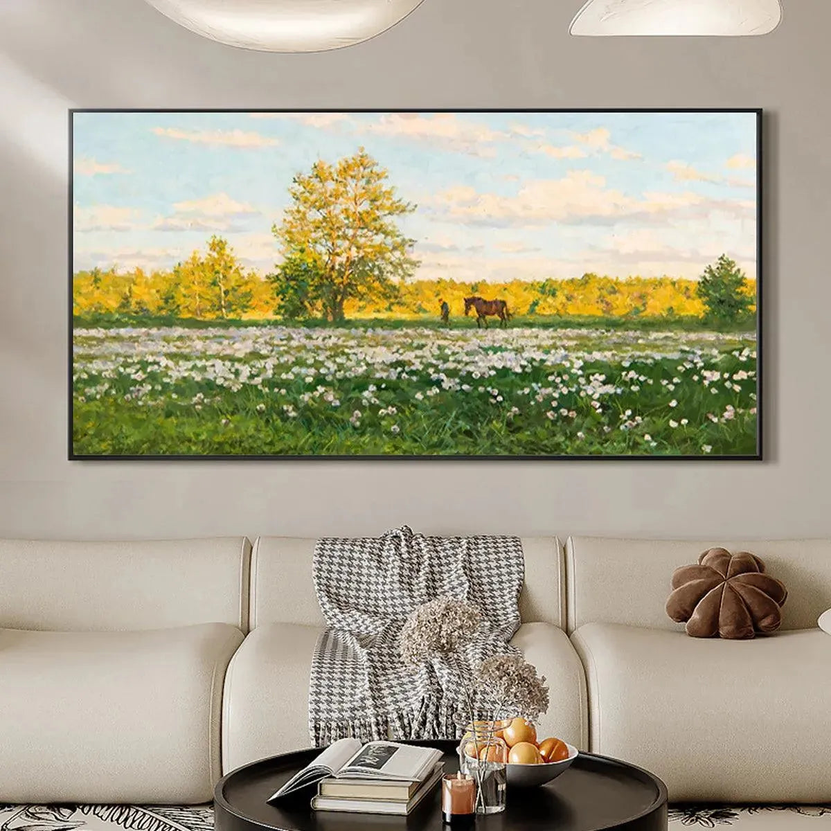 SUNLIT MEADOW: Tranquil Landscape Painting with Horse and Figure - Image 4