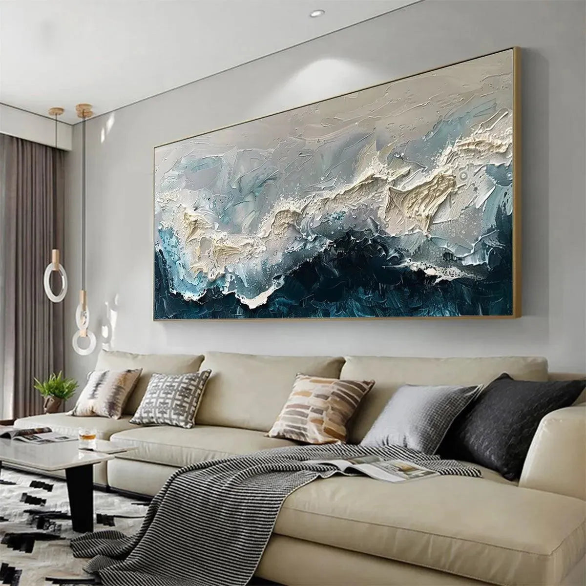 FROZEN MOTION: Textured Abstract Waterscape Painting in Teal and White - Image 4