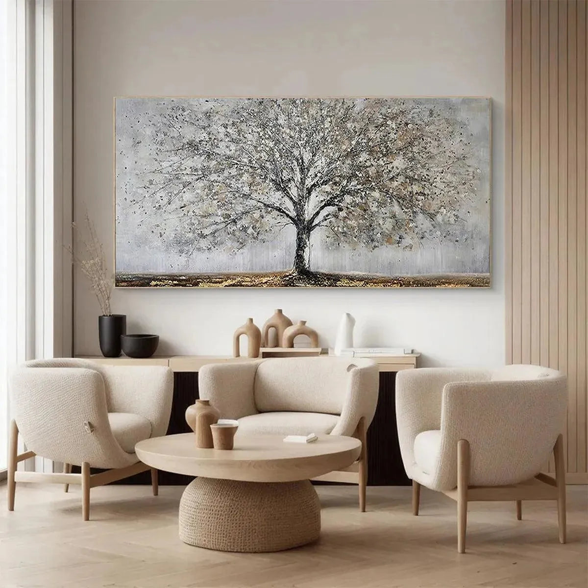 SILVER BIRCH: Textured Tree Painting in Grey and Gold - Image 4