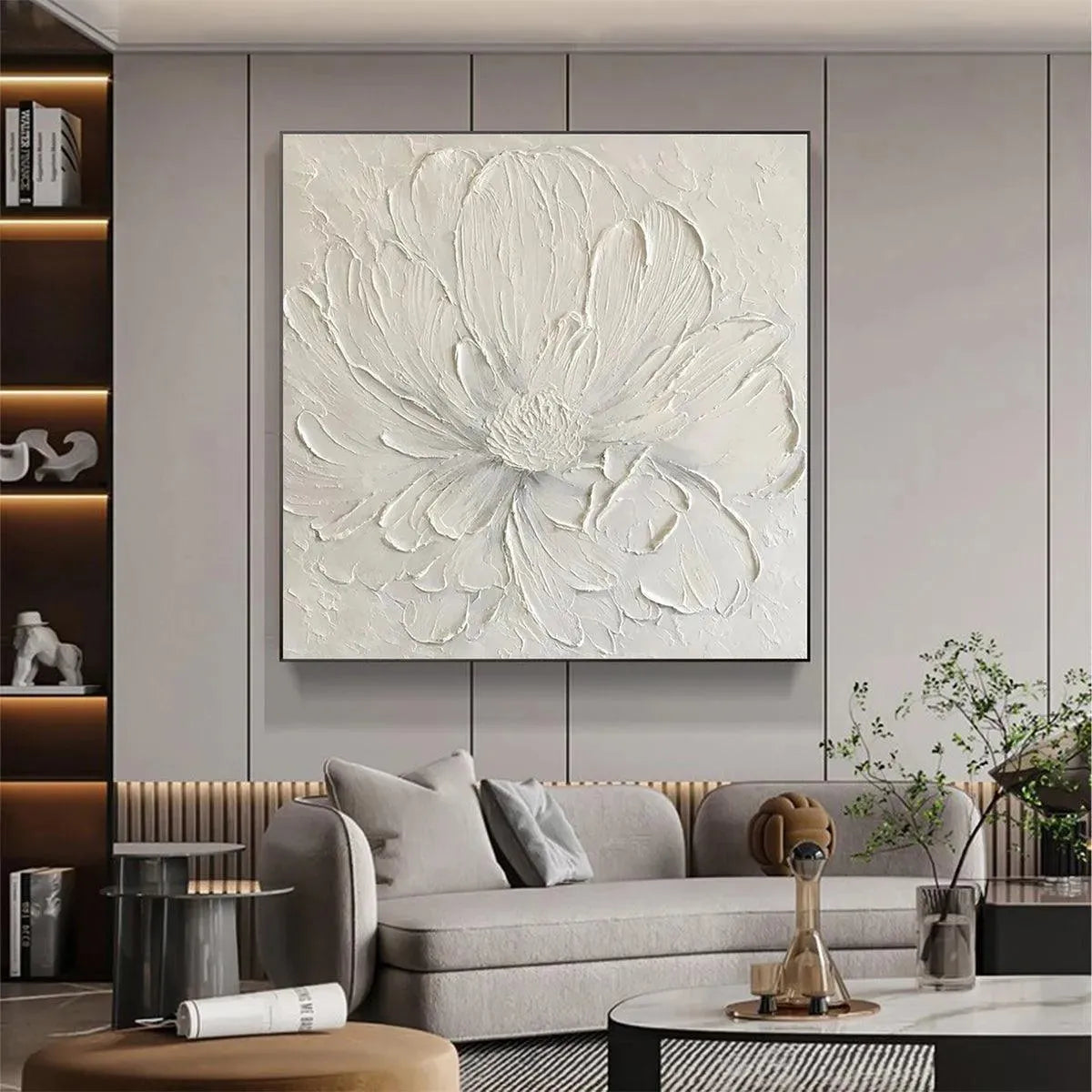 WHITE PEONY: Textured Minimalist Floral Painting in White - Image 6