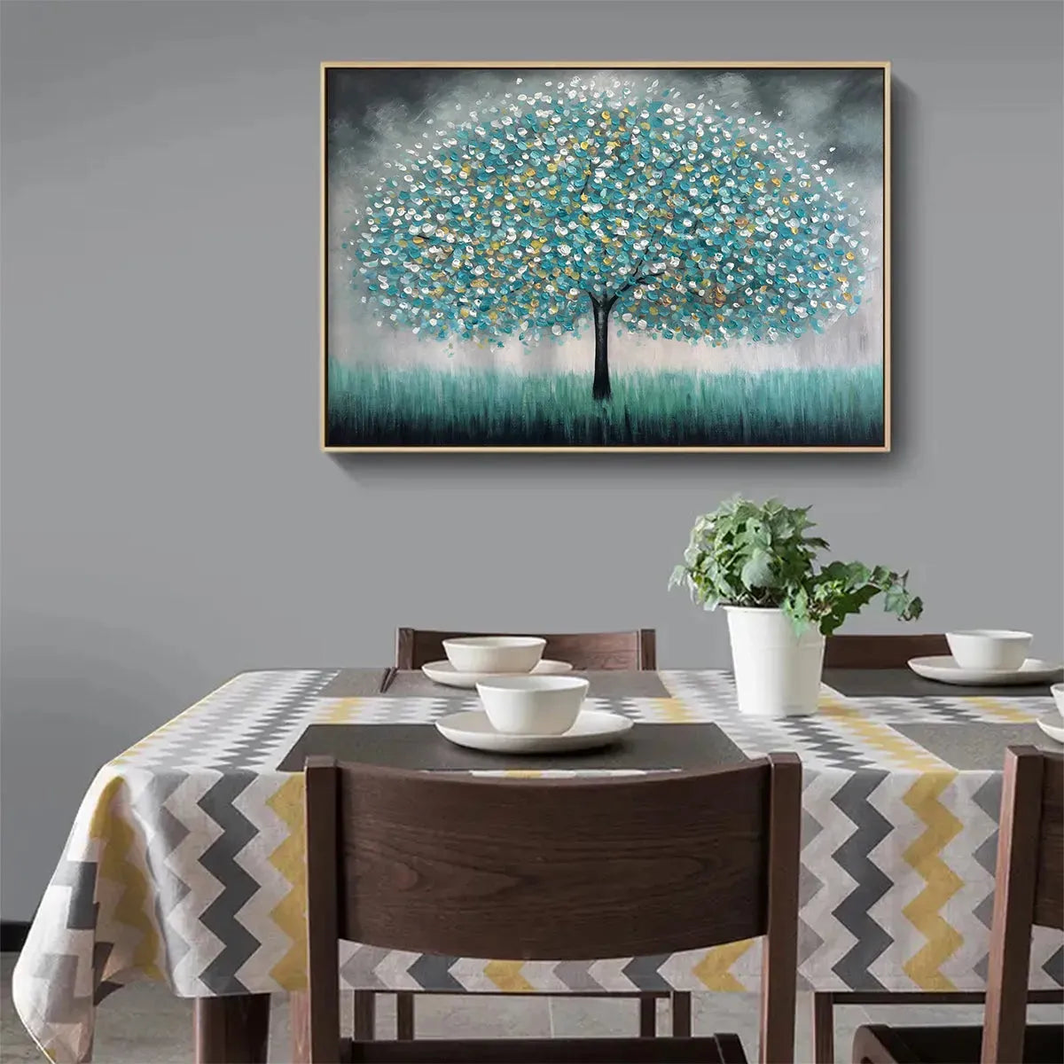 TEAL DREAM: Textured Tree Painting in Teal and Grey, Horizontal Canvas, Modern Wall Art - Image 6