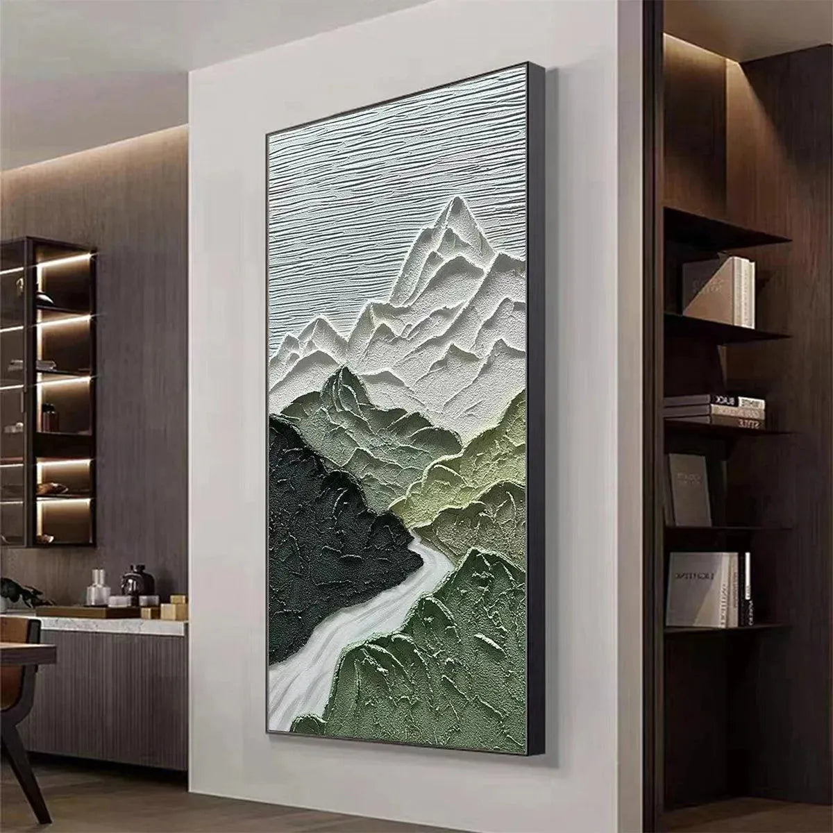 JADE PEAK: Textured Green and White Mountain Landscape Painting - Image 4