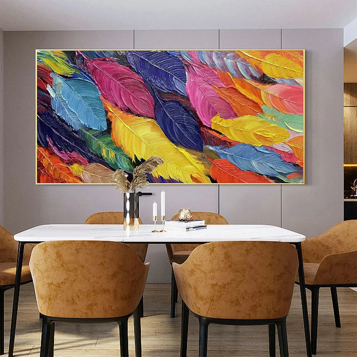 FEATHER DANCE: Horizontal Abstract Painting with Colorful Feathers, Textured Impasto, Modern Wall Art - Image 7