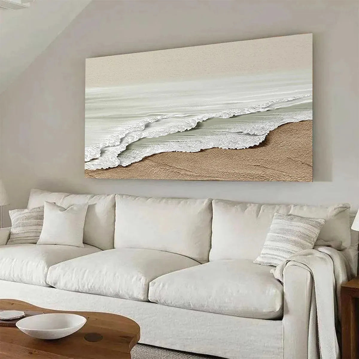 SERENE SHORE: Textured Coastal Landscape Painting in Beige - Image 4