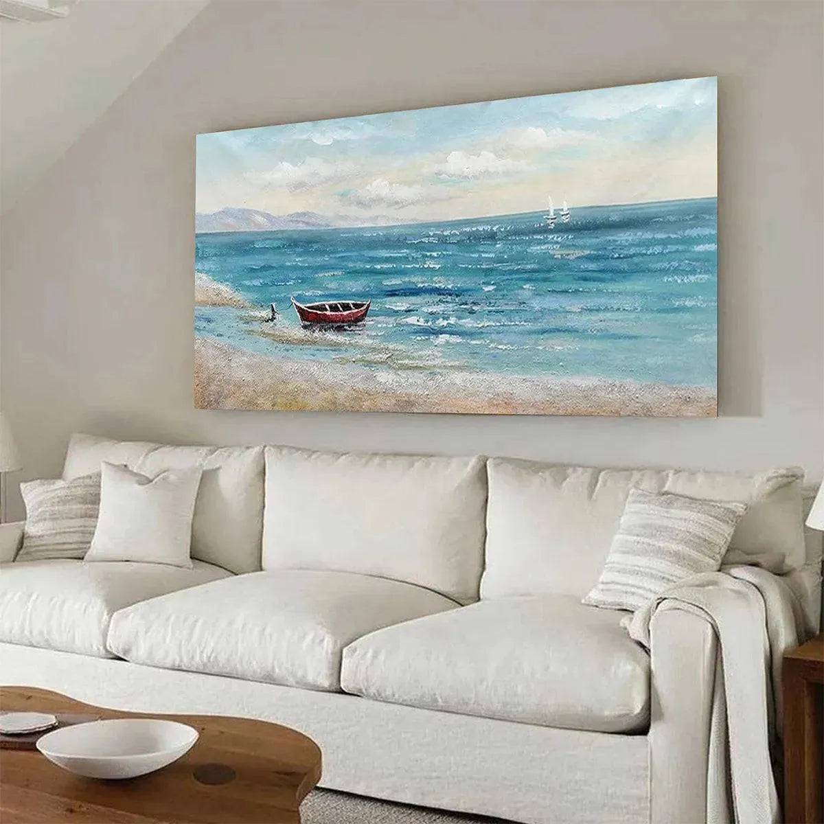 RED BOAT AT THE SHORE: Tranquil Coastal Landscape Painting - Image 4