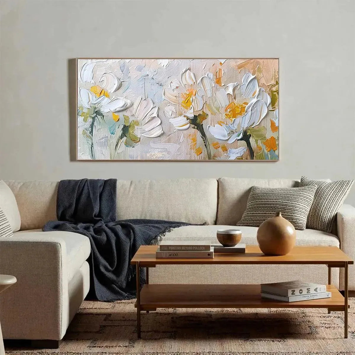WHITE BLOSSOMS: Textured Impasto Floral Painting in White and Beige - Image 4