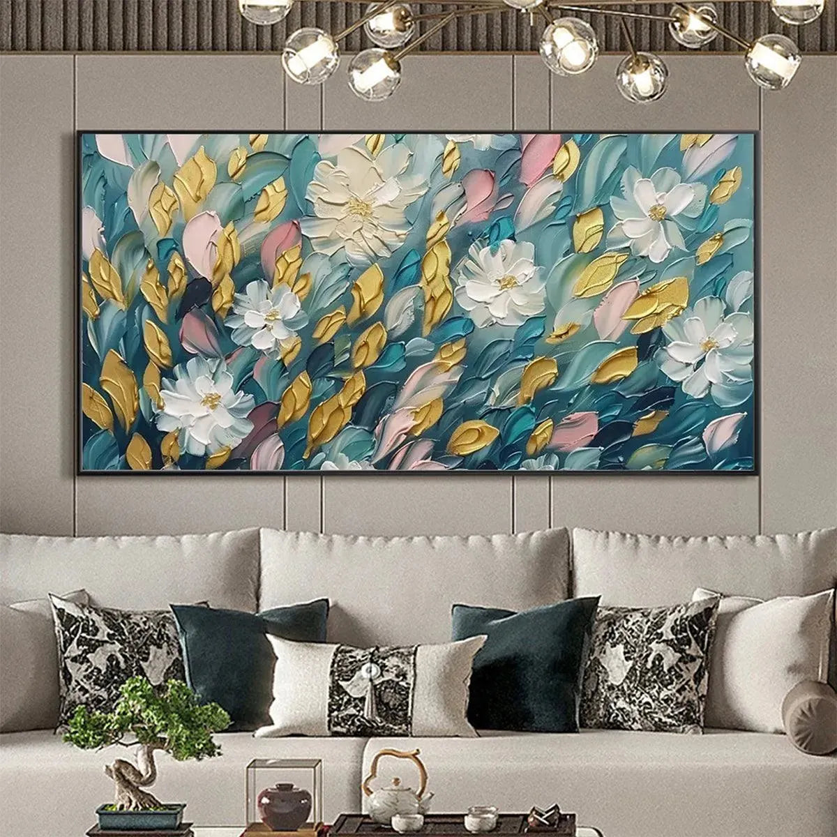 GOLDEN GARDEN: Textured Floral Painting in Teal and Gold - Image 2