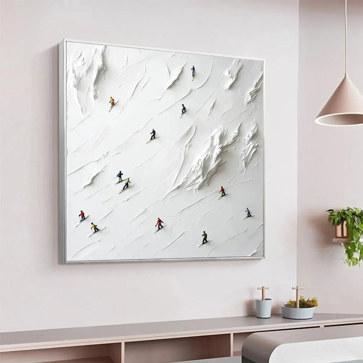 WHITE RUSH: Minimalist Skiing Painting on Textured Square Canvas - Image 5
