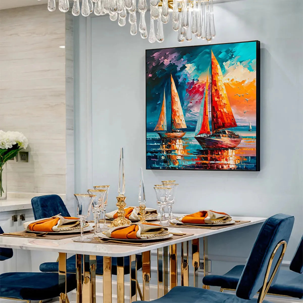 EVENING SAIL: Square Sailboat Painting, Colorful Sunset - Image 5