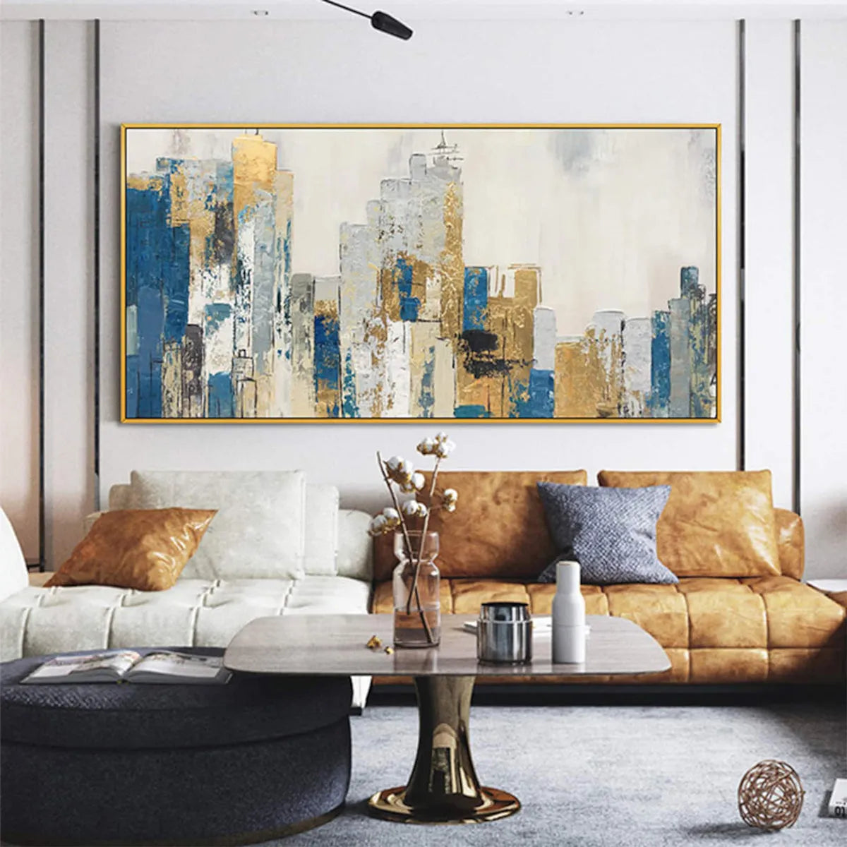 GOLDEN METROPOLIS: Abstract Cityscape Oil Painting in Gold and Blue - Image 4