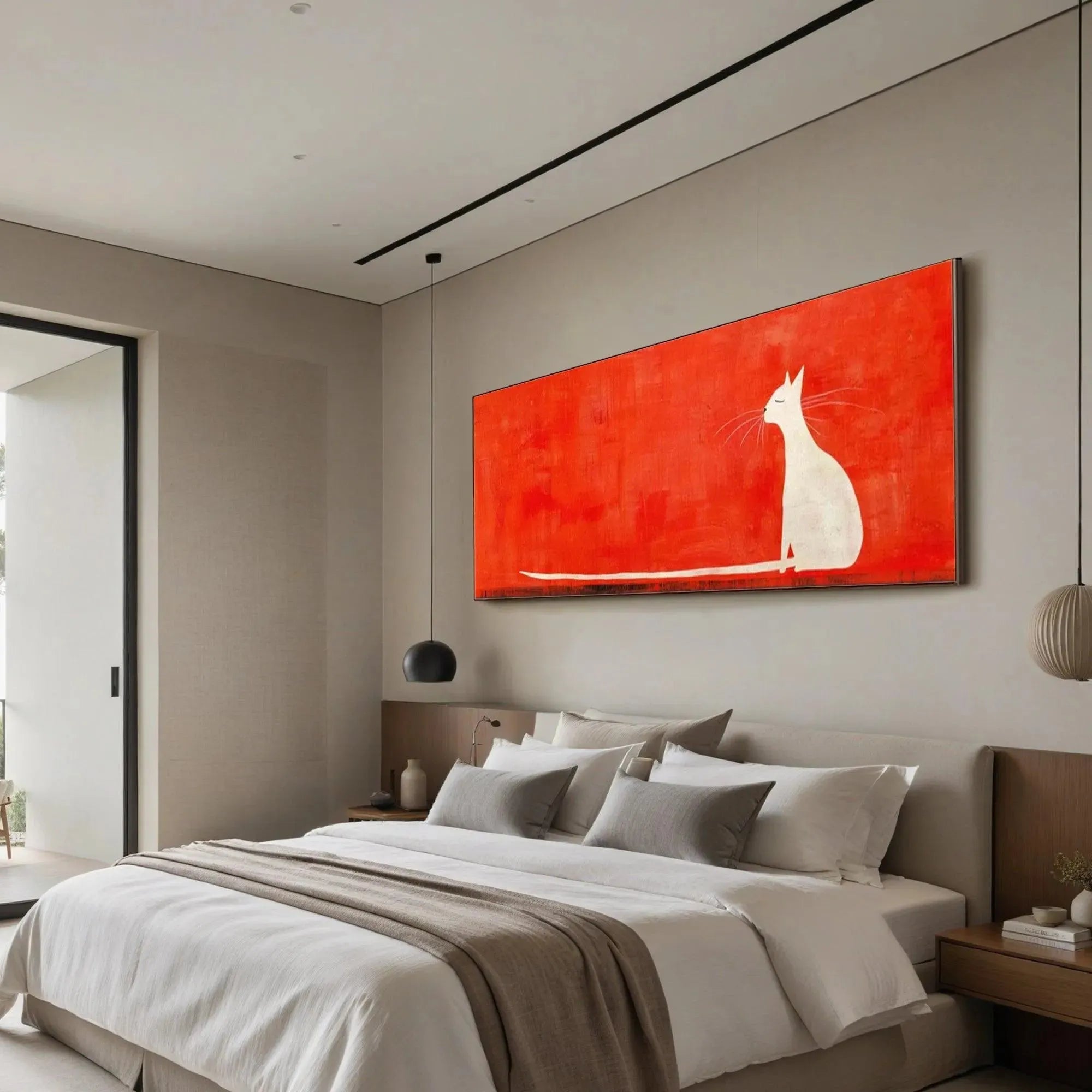 MINIMALIST CAT ON RED PANORAMIC: Cat Painting, Panoramic Wall Art, Minimalist Decor - Image 6
