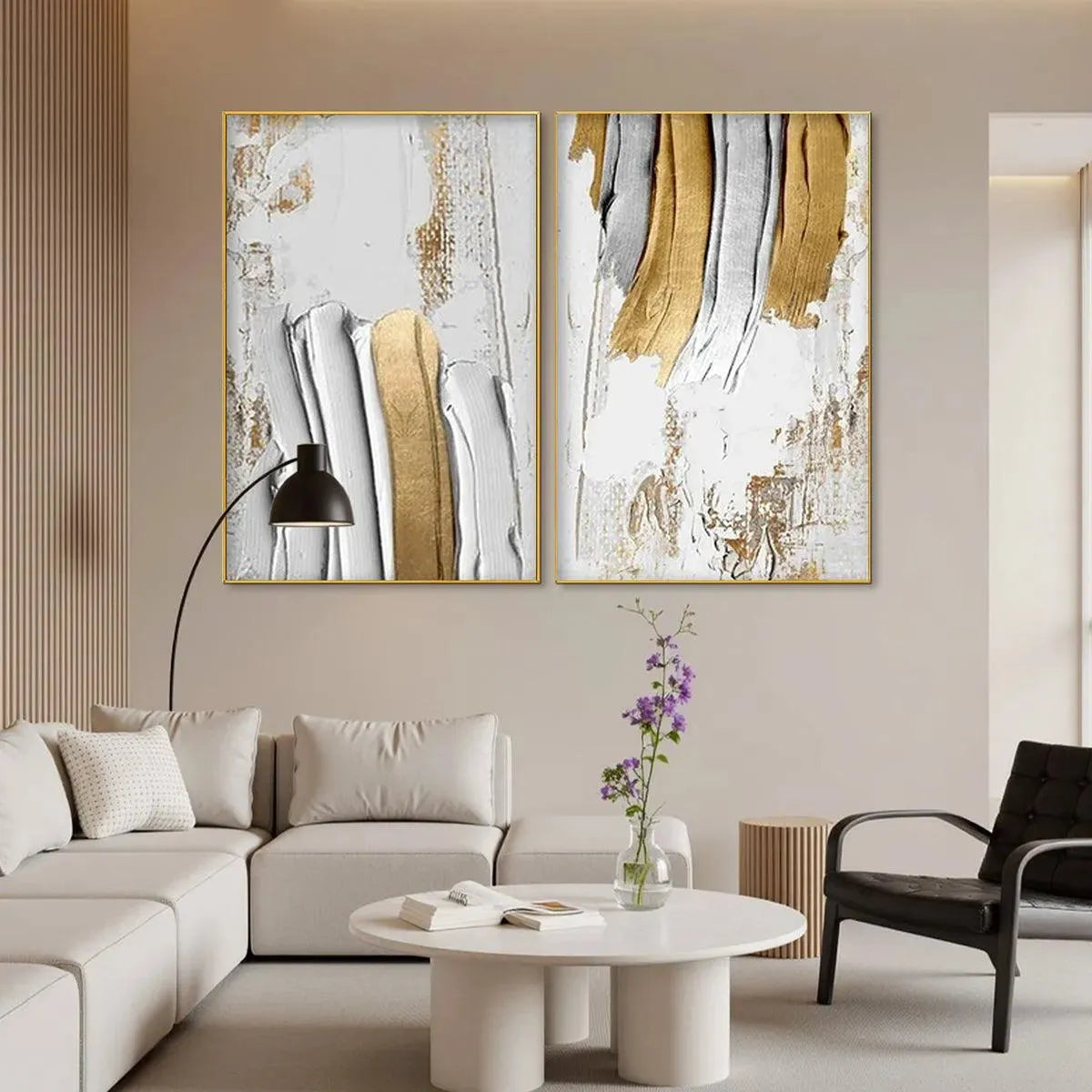 GOLDEN LINES DIPTYCH: Textured Abstract Painting Set of 2, Vertical Wall Art - Image 5