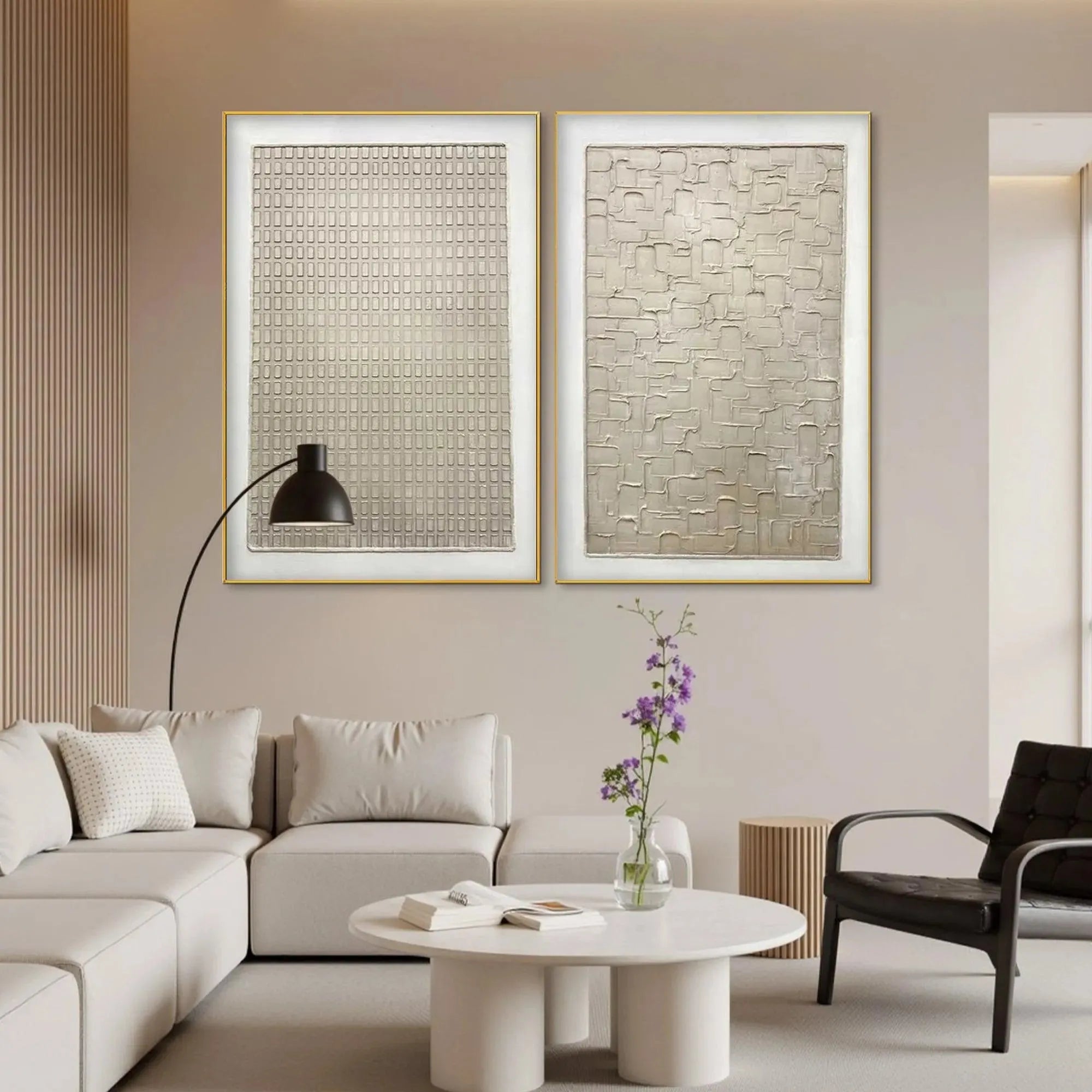 TEXTURED BEIGE GRID SET: Minimalist Textured Painting Set of 2 - Image 7
