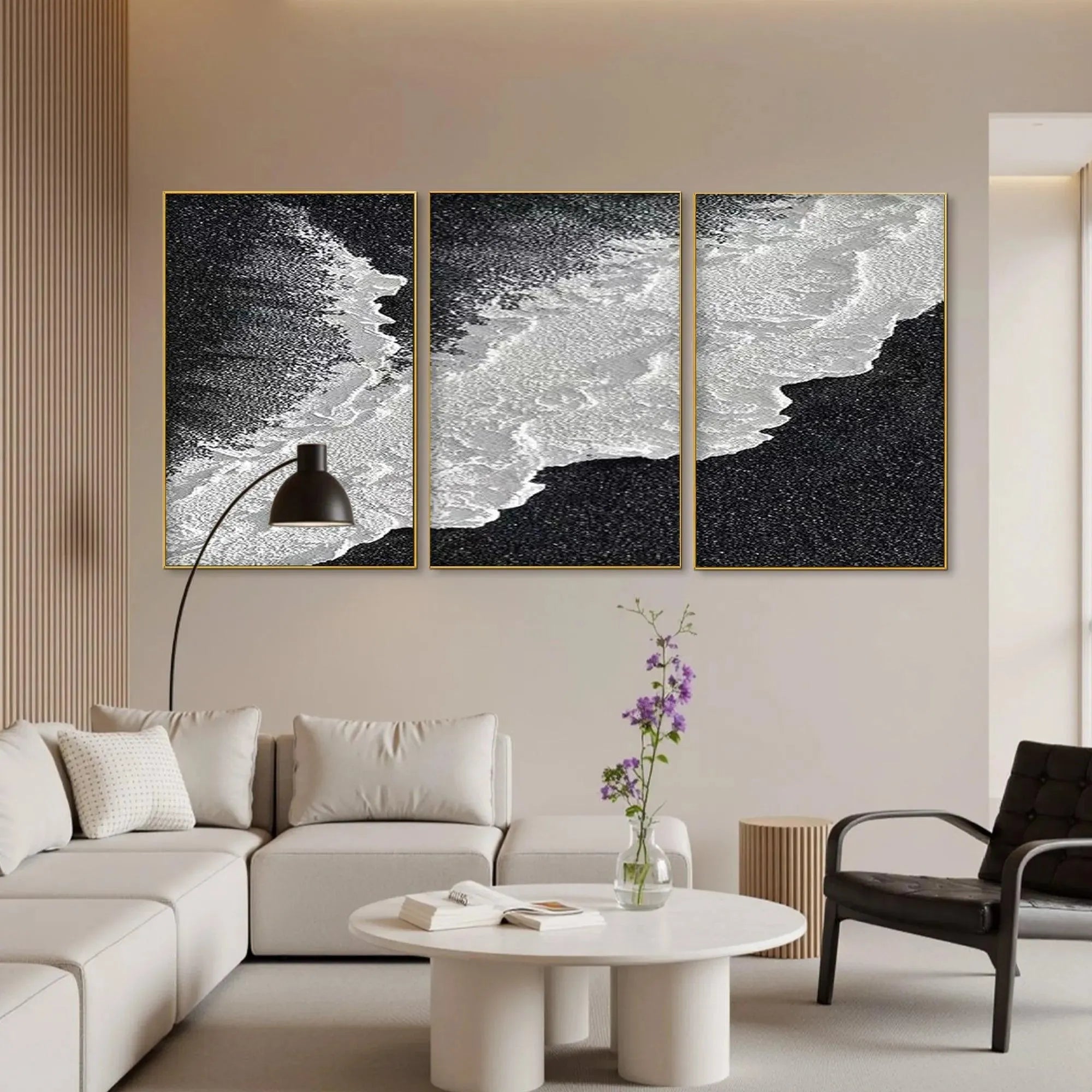 BLACK & WHITE OCEAN TRIPTYCH: Abstract Ocean Painting Set of 3, Vertical Wall Art - Image 6