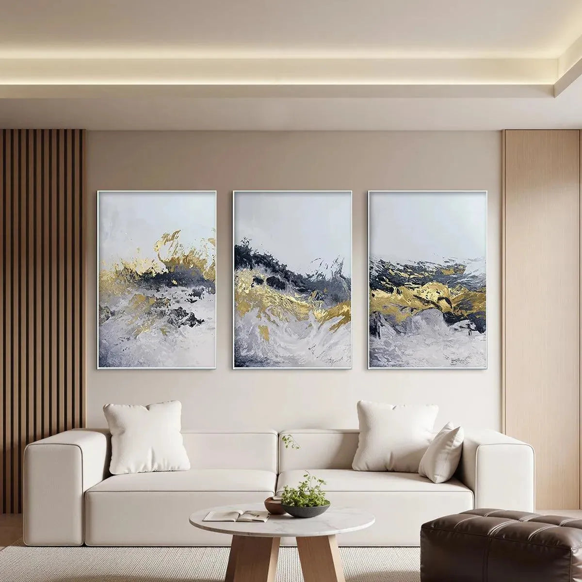 GOLD & GREY ABSTRACT TRIPTYCH: Abstract Painting Set of 3, Vertical Wall Art - Image 5