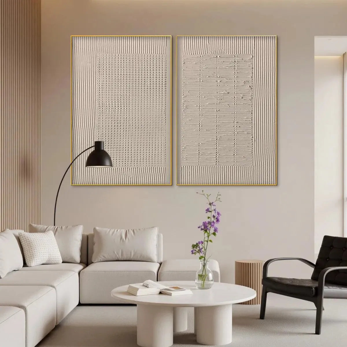 TEXTURED GRID DUO: Set of 2 Textured Abstract Paintings in Beige - Image 5