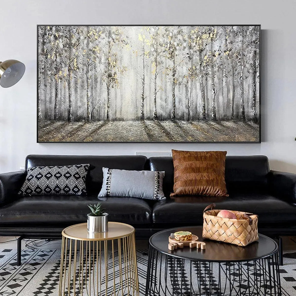 GOLDEN BIRCHWOOD: Panoramic Birch Forest Landscape Oil Painting with Gold Accents - Image 4