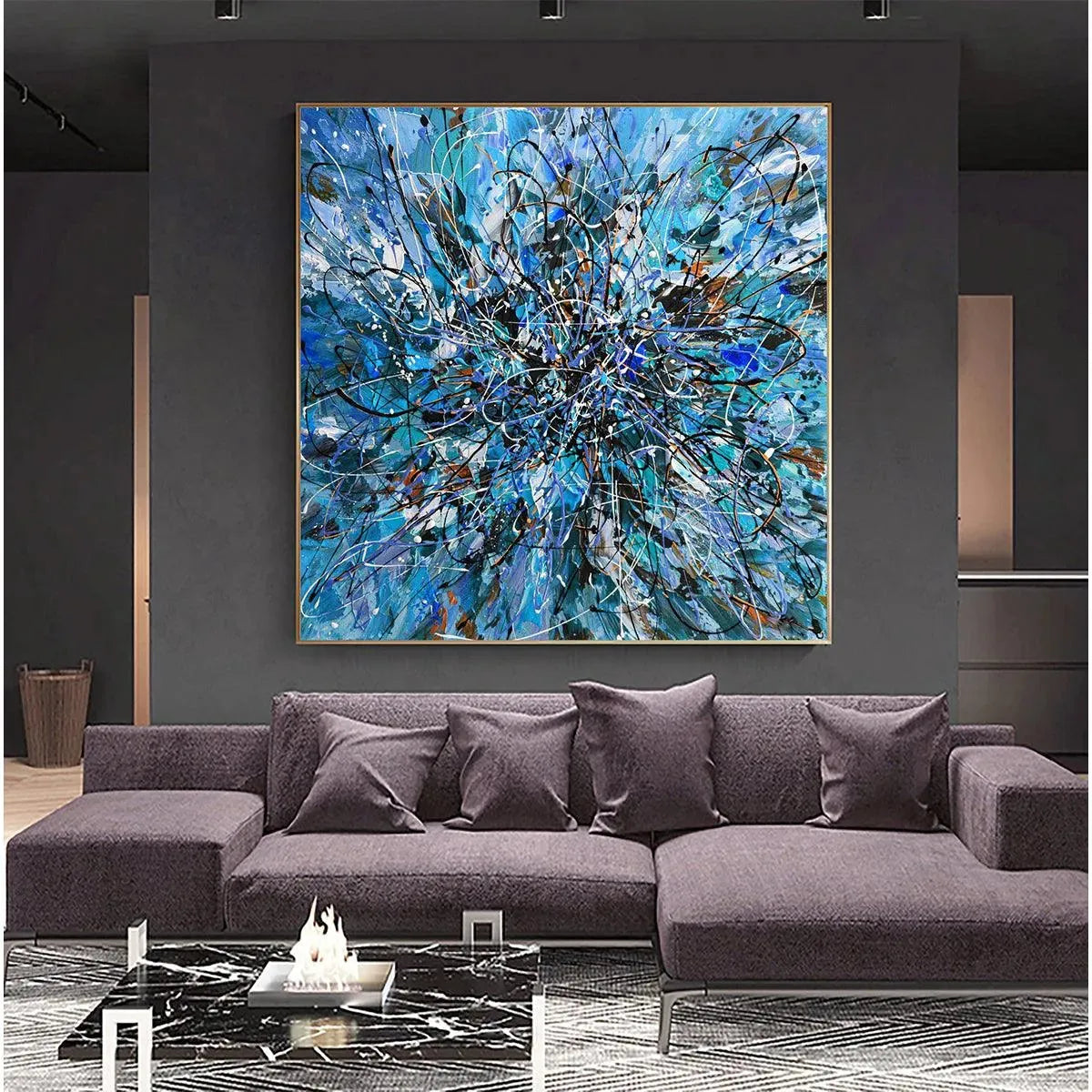 AZURE EXPLORATION: Abstract Blue and Black Oil Painting - Image 2