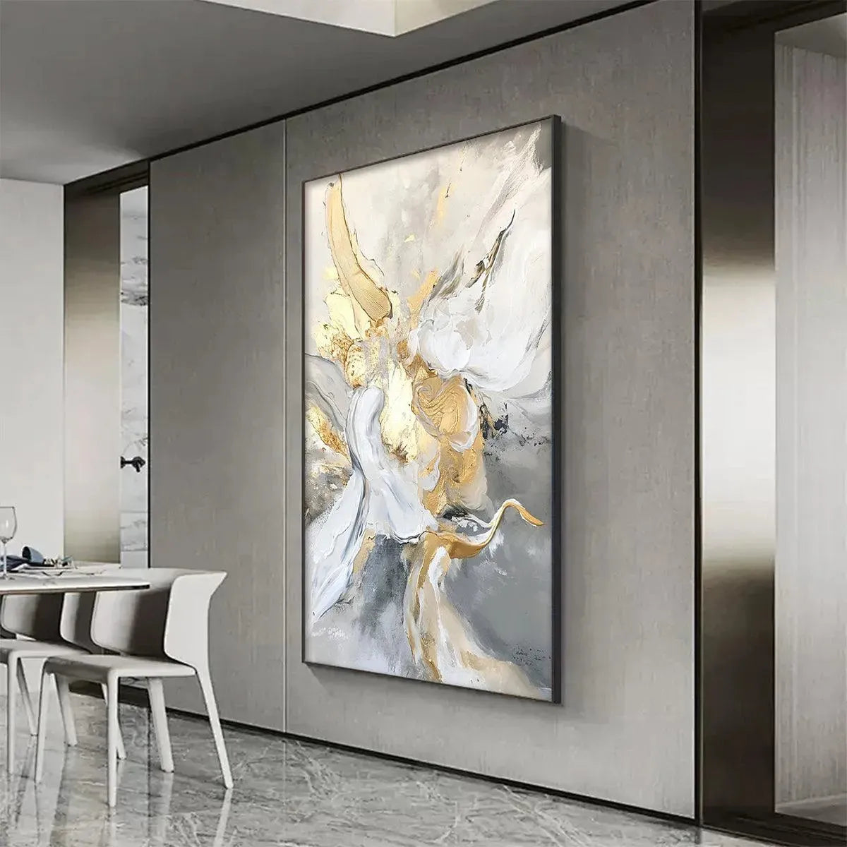ETHEREAL GOLD: Abstract White, Grey and Gold Oil Painting - Image 4