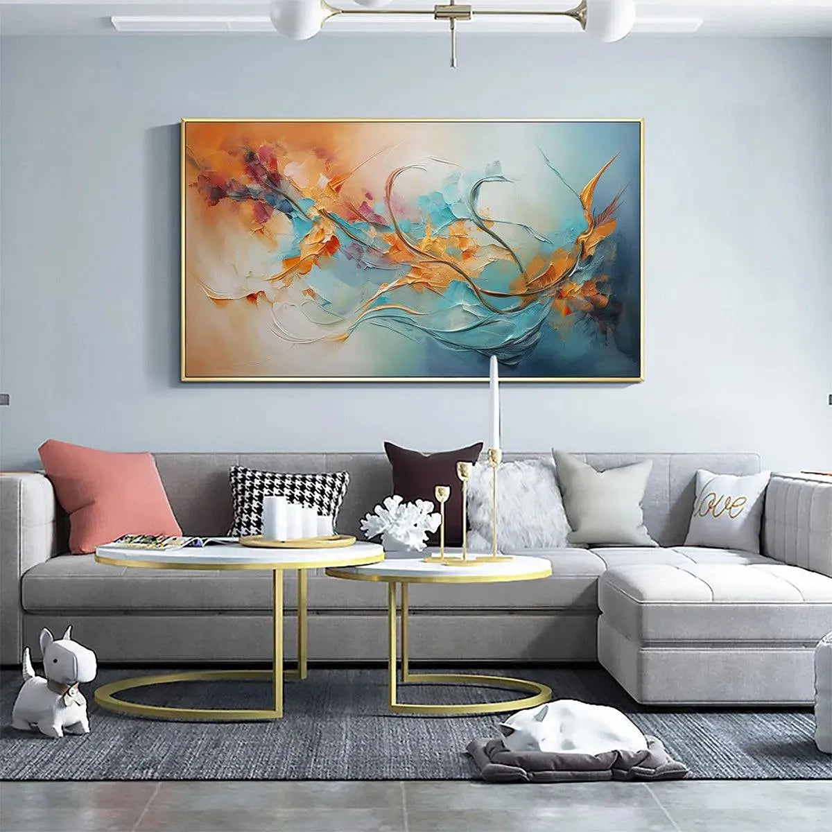 SERENE DAWN: Panoramic Abstract Teal and Gold Oil Painting - Image 4