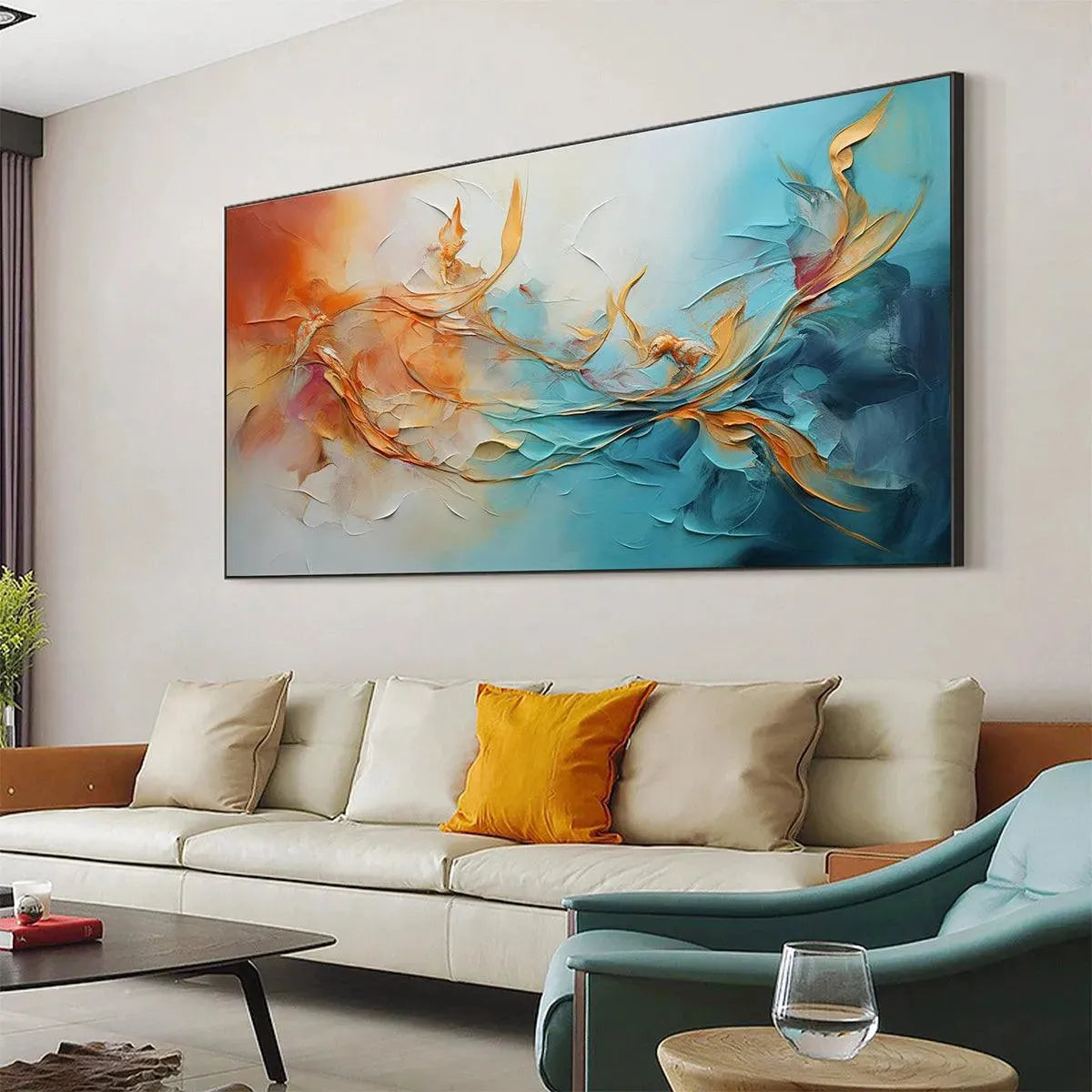 GOLDEN CURRENTS: Panoramic Abstract Teal and Gold Oil Painting - Image 4