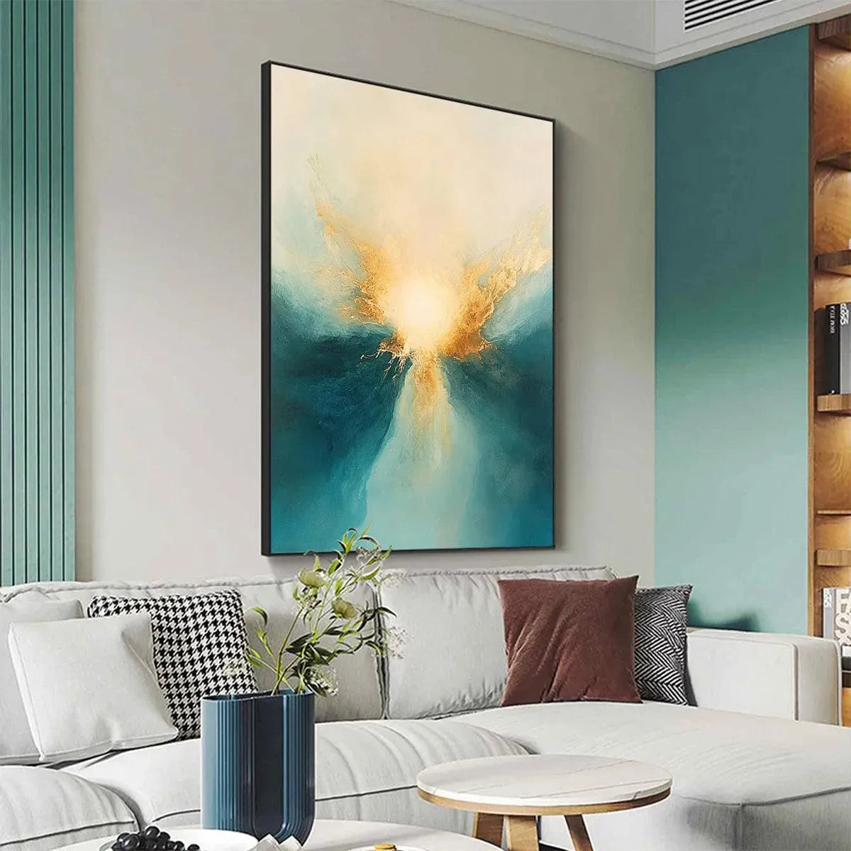 GOLDEN ABYSS: Abstract Teal and Gold Oil Painting - Image 5