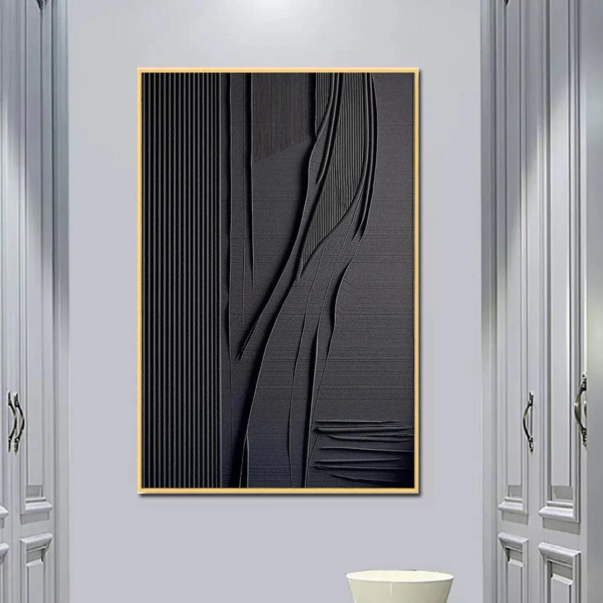 BLACK TEXTURED LINES AND CURVES: Minimalist Textured Abstract Painting - Image 2